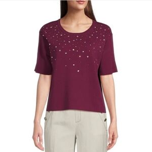 Karl Lagerfeld Paris Knit Rhinestone Short Sleeve Top